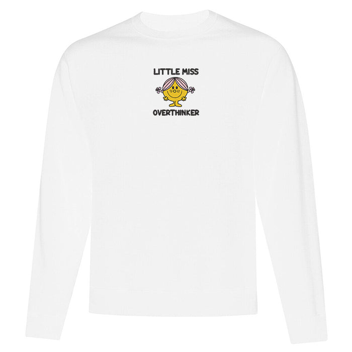 crewneck blanc little miss overthinker brodé avec personnage animé mauve et jaune