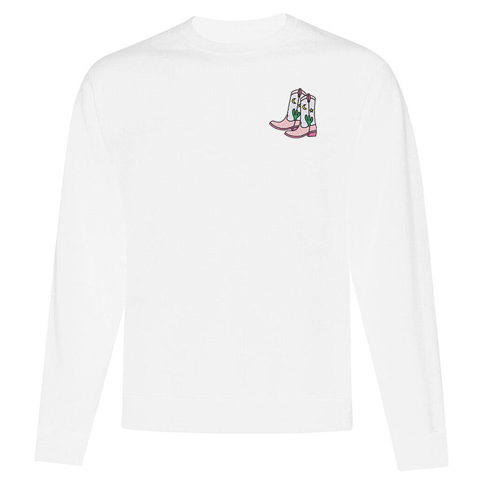 crewneck blanc bottes de cowboy cowgirl illustration quebecoise