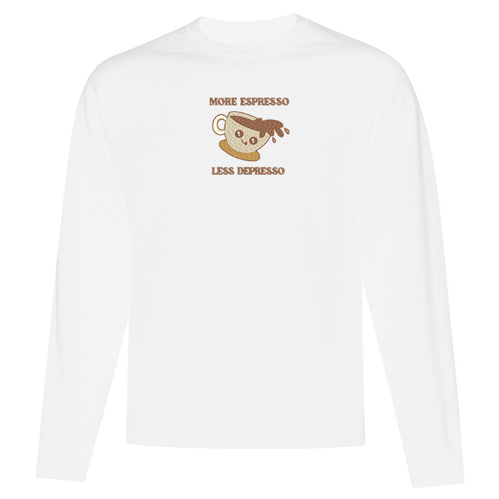 crewneck blanc more espresso less depresso café tasse illustré quebec