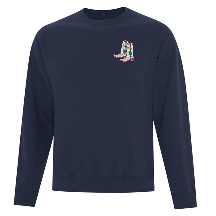 crewneck bleu marin bottes de cowboy cowgirl illustration quebecoise