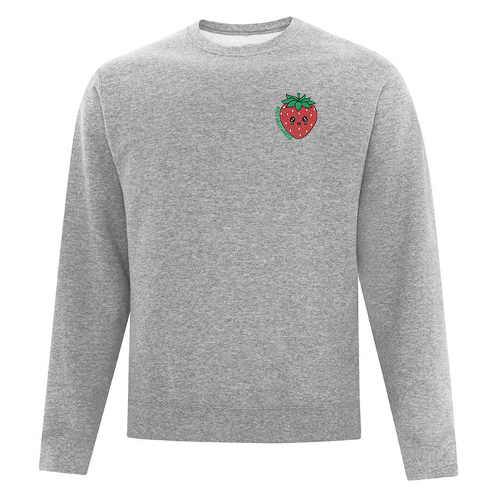 crewneck gris pâle avec fraise brodé et le mot berrystressed au coeur