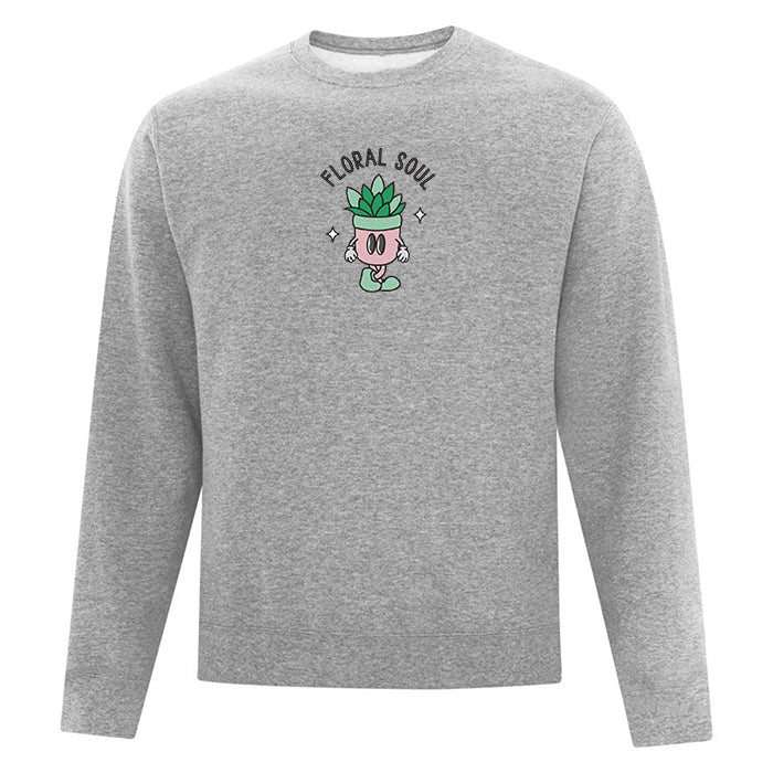 crewneck gris pâle avec broderie plante animée et écriture floral soul