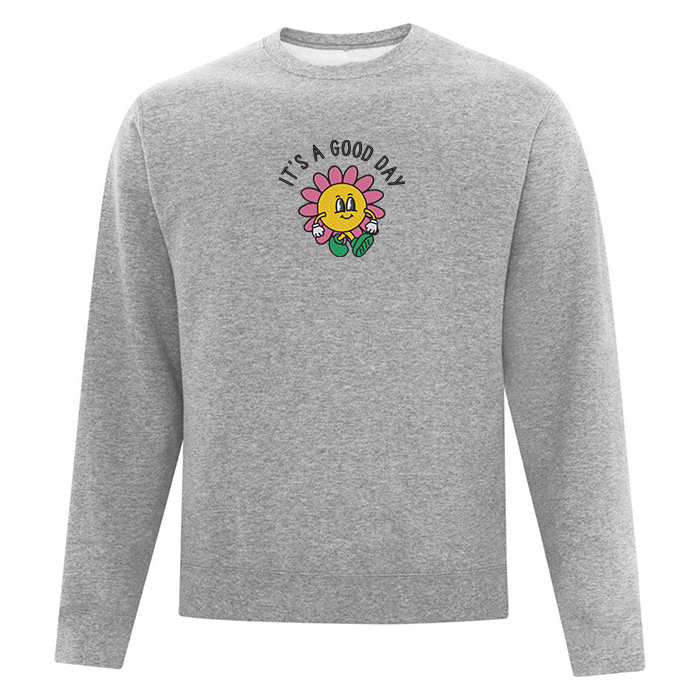 crewneck gris pâle it's a good day brodé avec une personnage animé de fleur illustré par créations oska