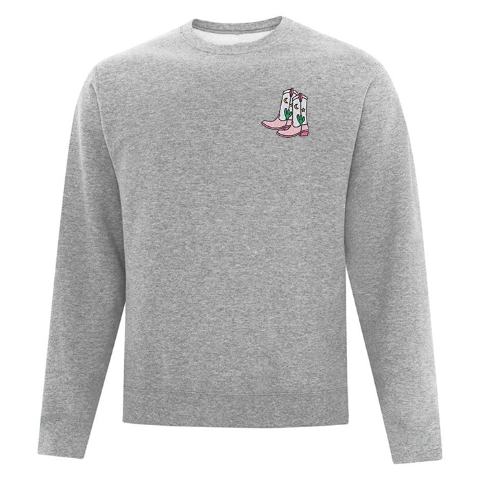 crewneck gris pâle bottes de cowboy cowgirl illustration quebecoise