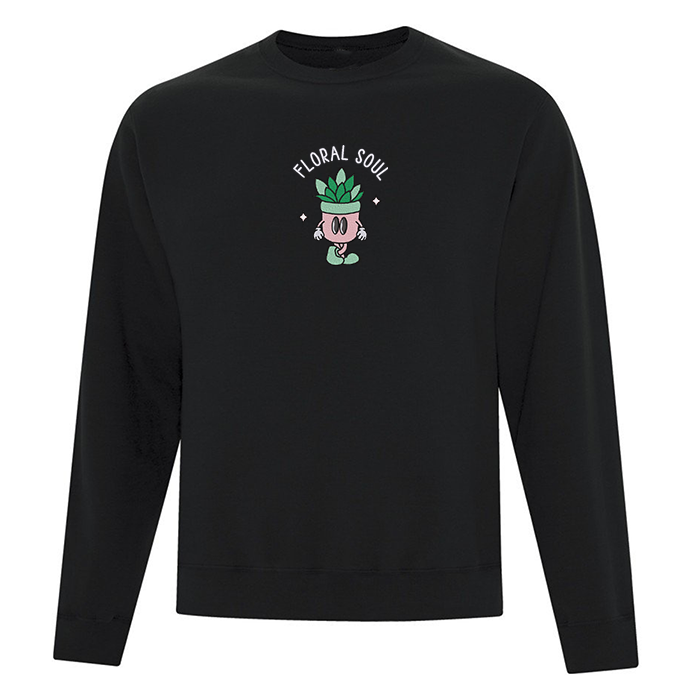 crewneck noir avec broderie plante animée et écriture floral soul