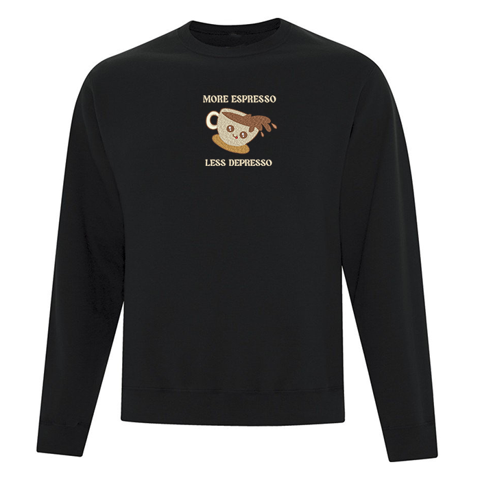 crewneck noir more espresso less depresso café tasse illustré quebec