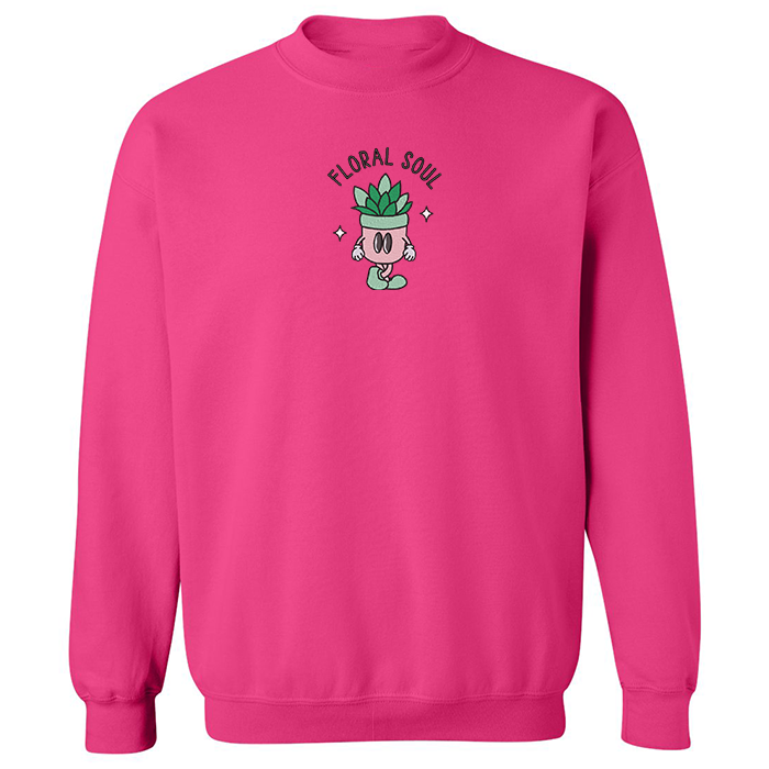 crewneck rose foncé avec broderie plante animée et écriture floral soul