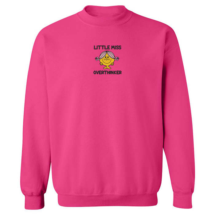 crewneck rose little miss overthinker brodé avec personnage animé mauve et jaune