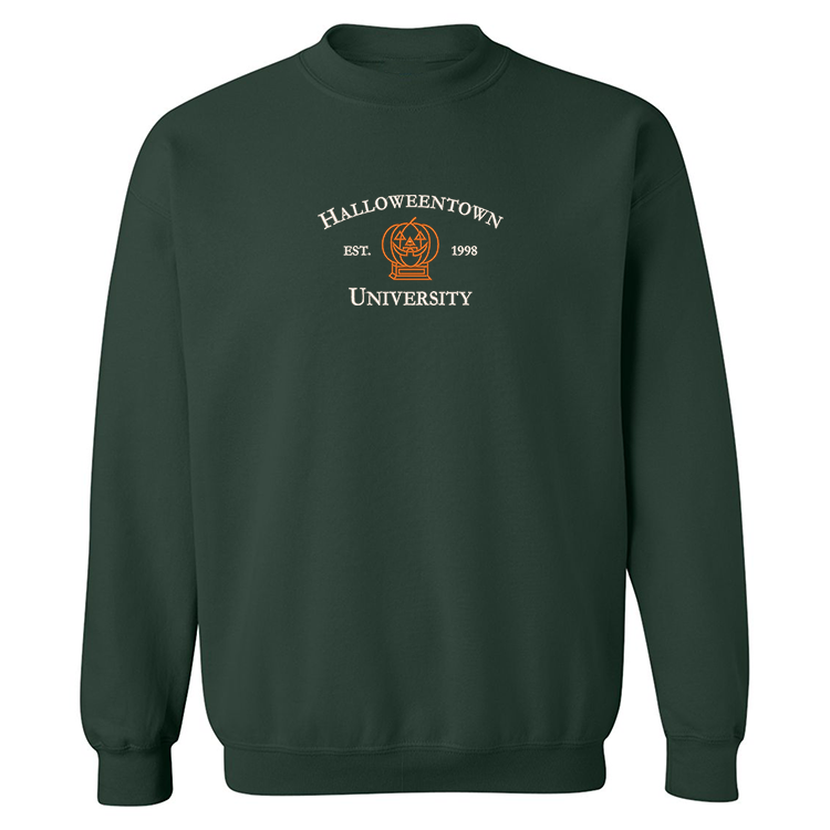 crewneck vert foret brodé halloweentown avec une citrouille