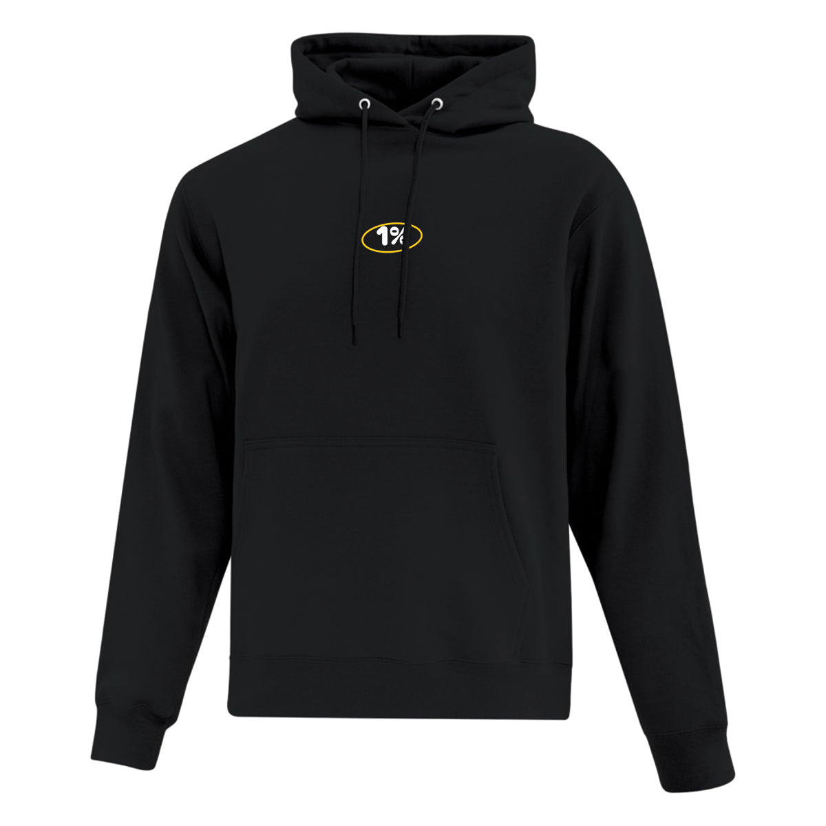 visuel sur fond blanc d'un coton ouaté à capuchon noir vu de devant avec une petite broderie centrée "1%"