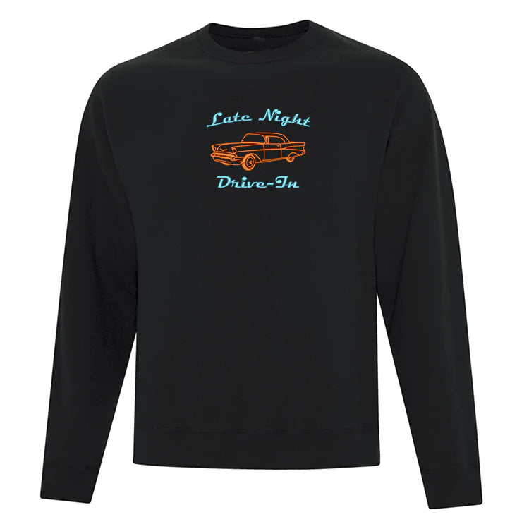 crewneck noir late night drive in en bleu et orange