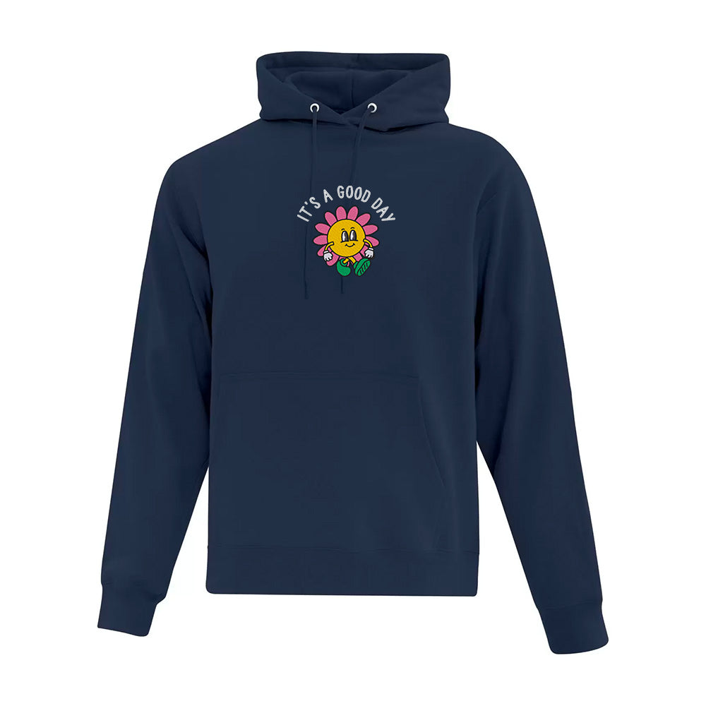 hoodie bleu marin good day fleur animée brodée