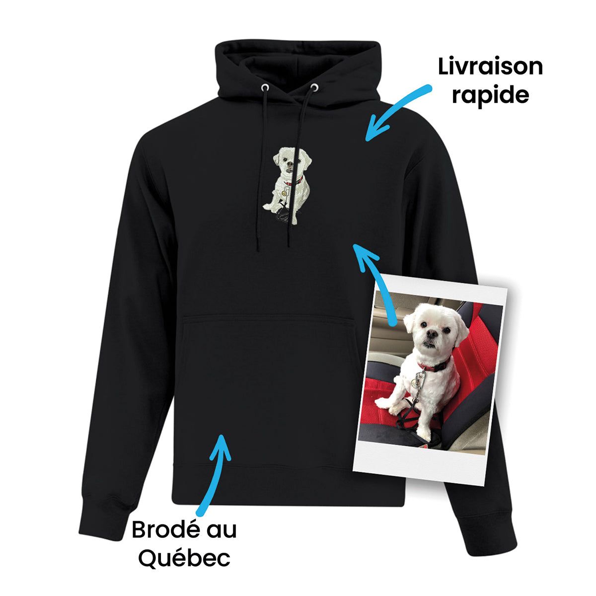 visuel montage hoodie noir avec broderie de chien de type réaliste faite à partir d'une photo.