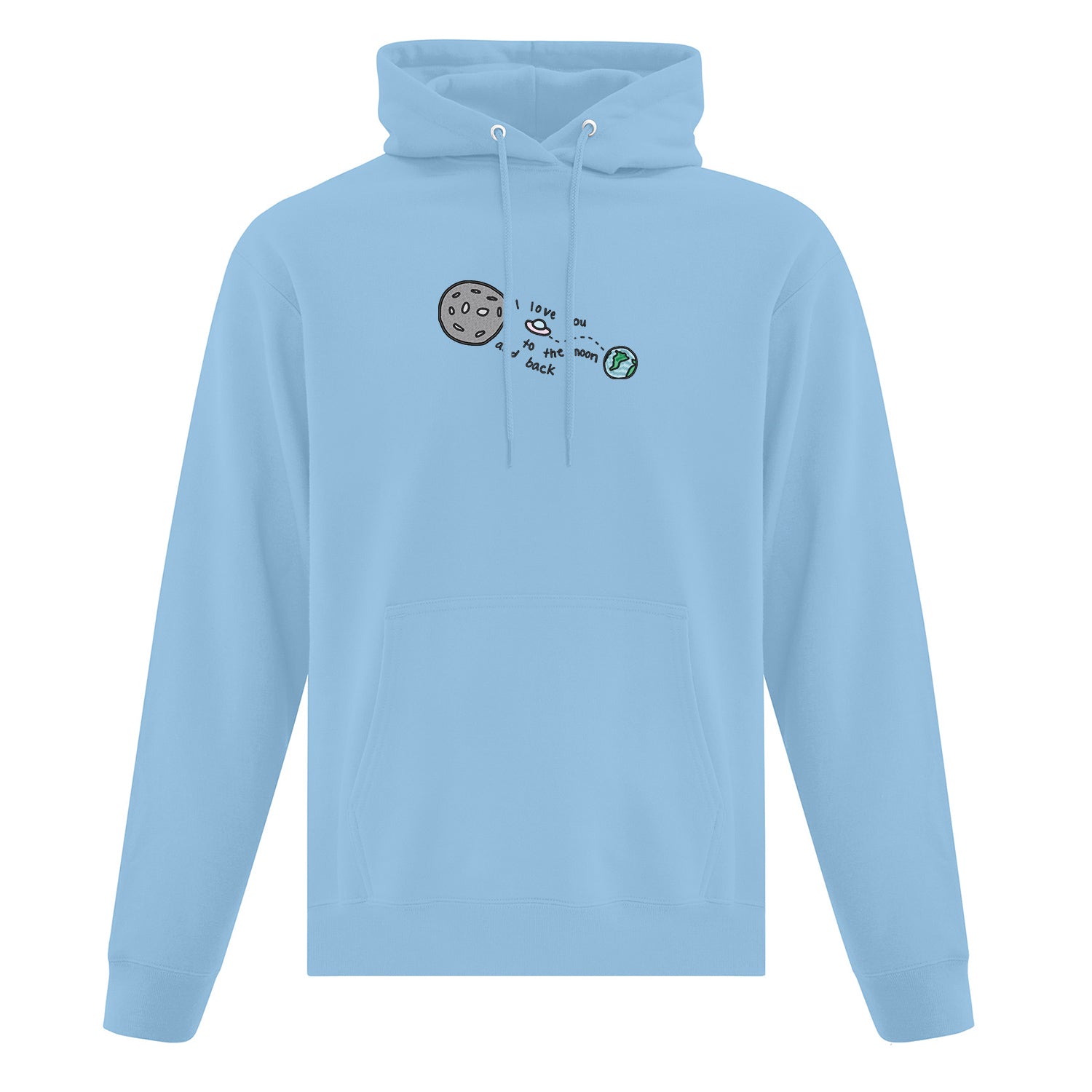 hoodie bleu pâle mockup love you to the moon and back avec planète, vaisseau spacial, terre brodé