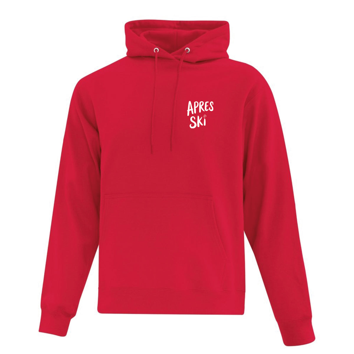 coton ouaté à capuchon rouge avec des illustrations sous le thème du ski et de l'hiver imprimé en blanc