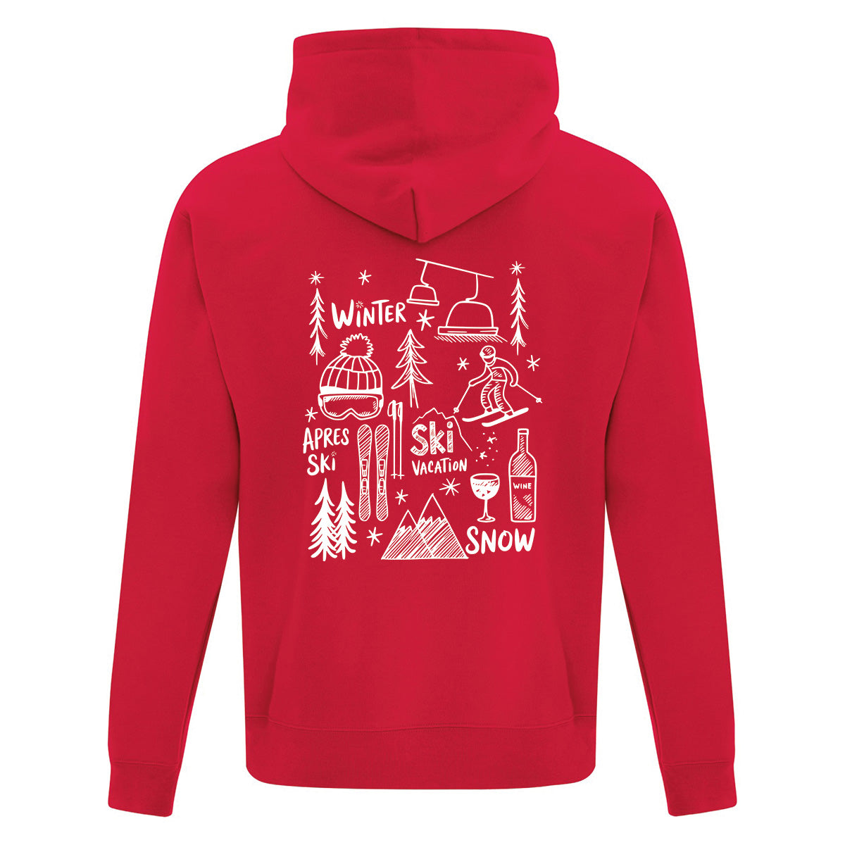 coton ouaté à capuchon rouge avec des illustrations sous le thème du ski et de l'hiver imprimé en blanc