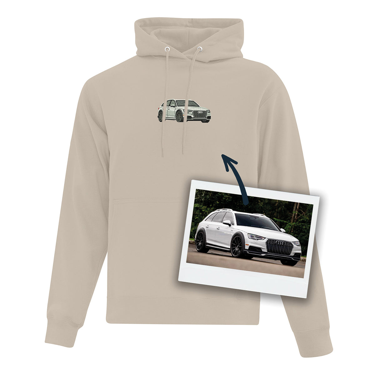 coton ouaté à capuchon beige avec broderie d'une voiture faite à partir d'une photo