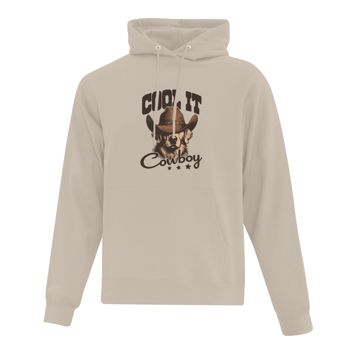 visuel d'un hoodie beige avec une impression de golden retriever portant un chapeau de cowboy avec le texte "cool it cowboy" autour de lui