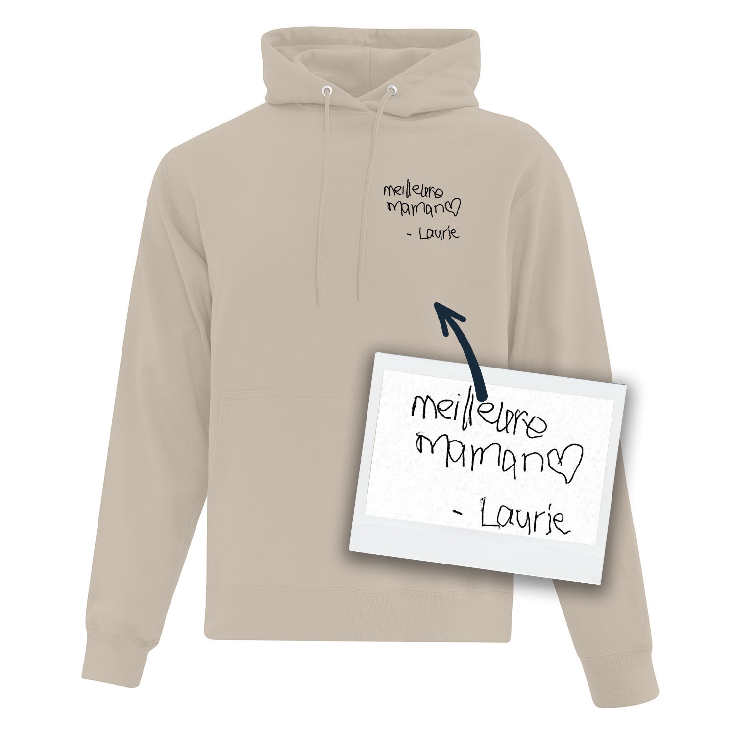 coton ouaté à capuchon beige personnalisable avec une broderie au coeur en noir d'un message écrit à la main par un proche