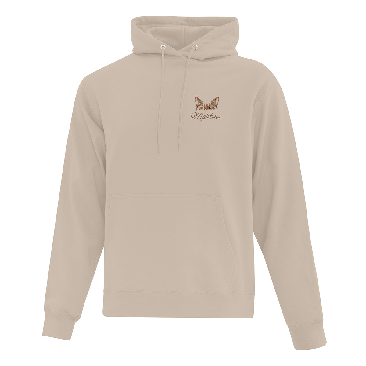 coton ouaté à capuchon beige avec une broderie brune d'oreilles de chat siamois avec son nom écrit en dessous