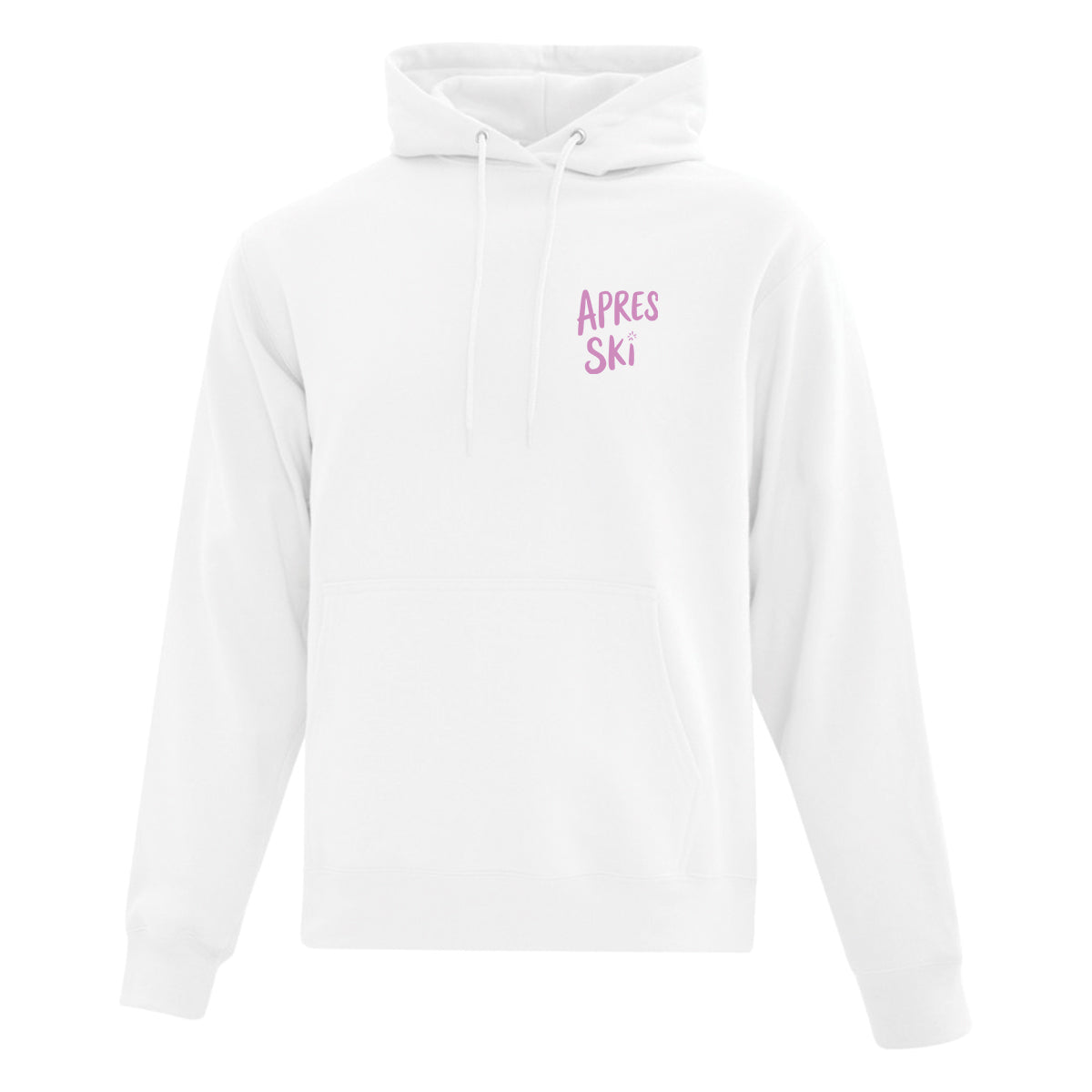 coton ouaté à capuchon blanc avec des illustrations sous le thème du ski et de l'hiver imprimé en rose