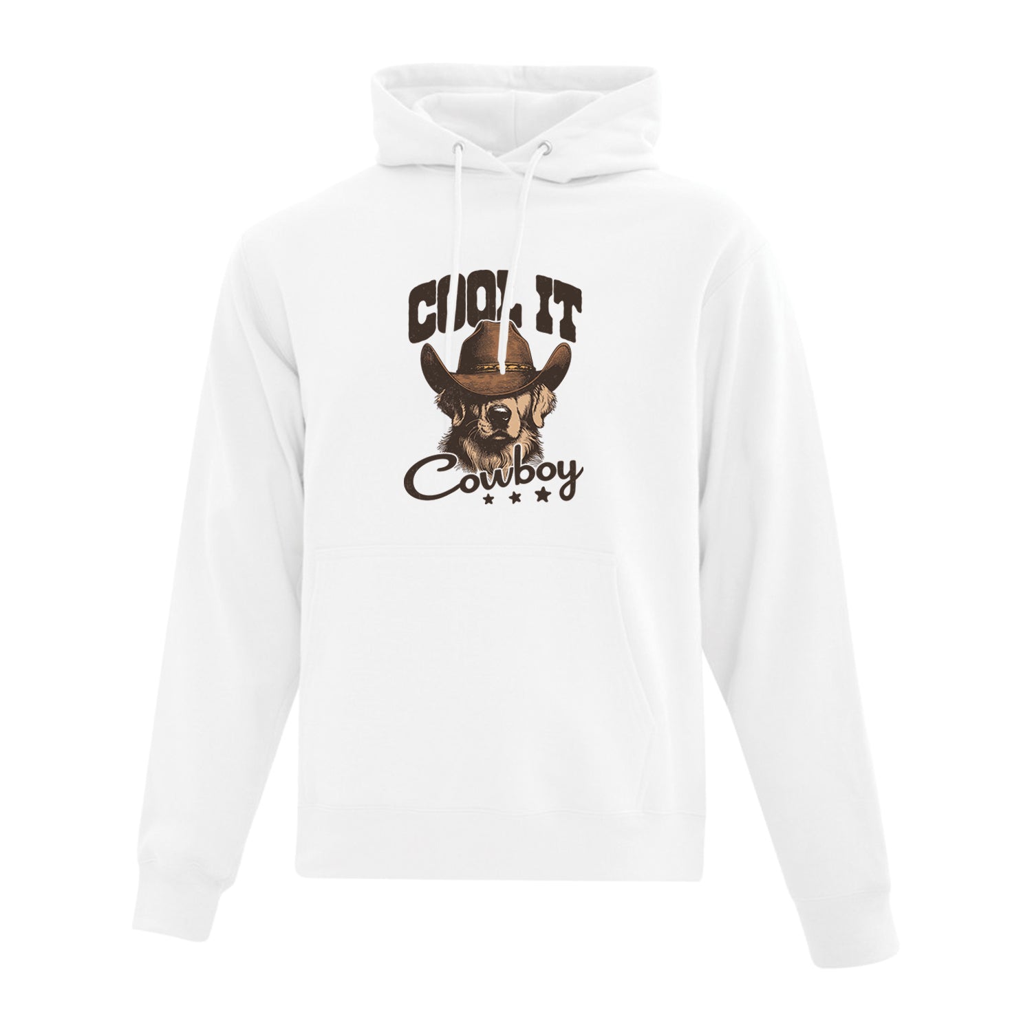 visuel d'un hoodie blanc avec une impression de golden retriever portant un chapeau de cowboy avec le texte "cool it cowboy" autour de lui