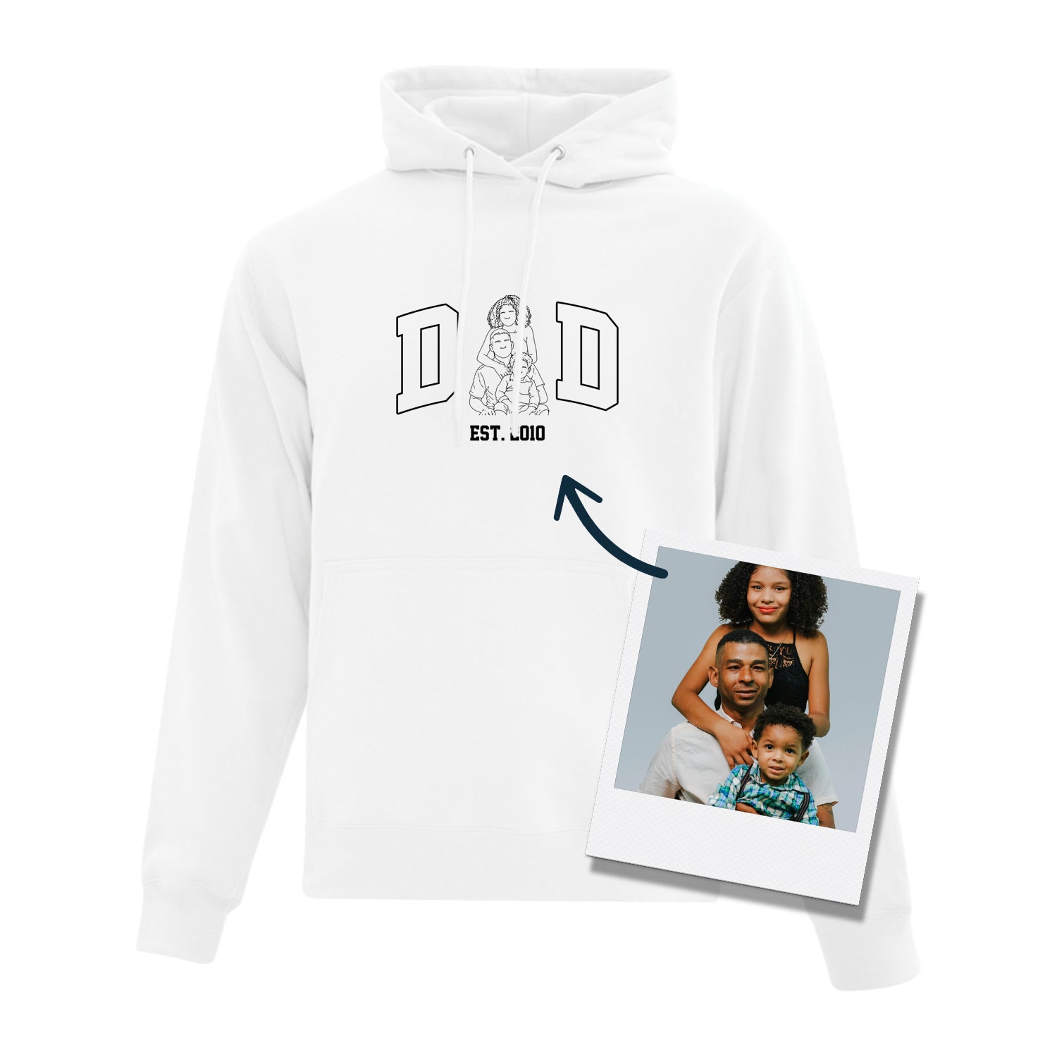 coton ouaté à capuchon blanc avec une broderie DAD avec une photo remplaçant le "A" ainsi que l'année de naissance de l'enfant ainé en dessous