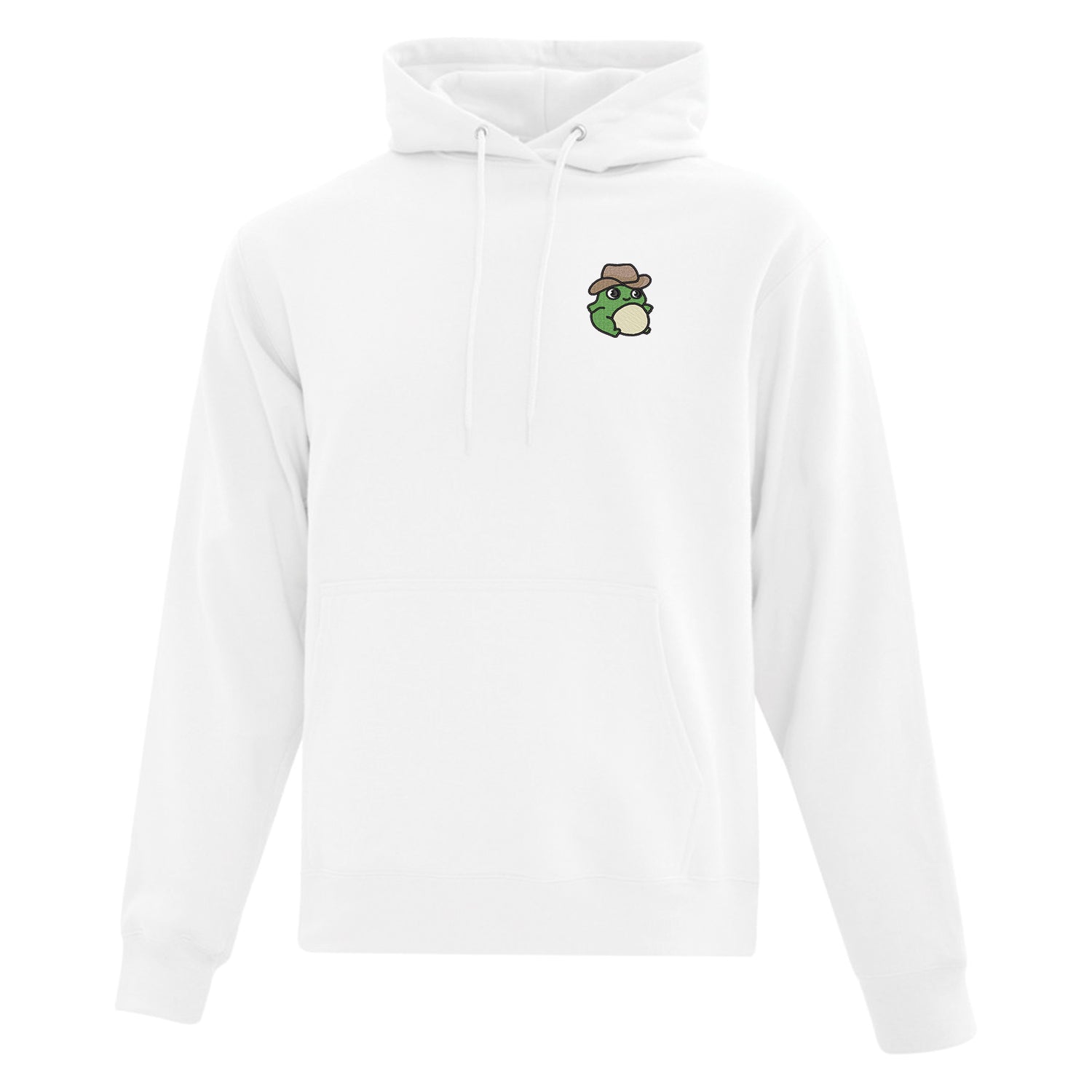 visuel d'un coton ouaté à capuchon blanc avec une broderie d'une grenouille qui porte un chapeau de cowboy brodé au coeur