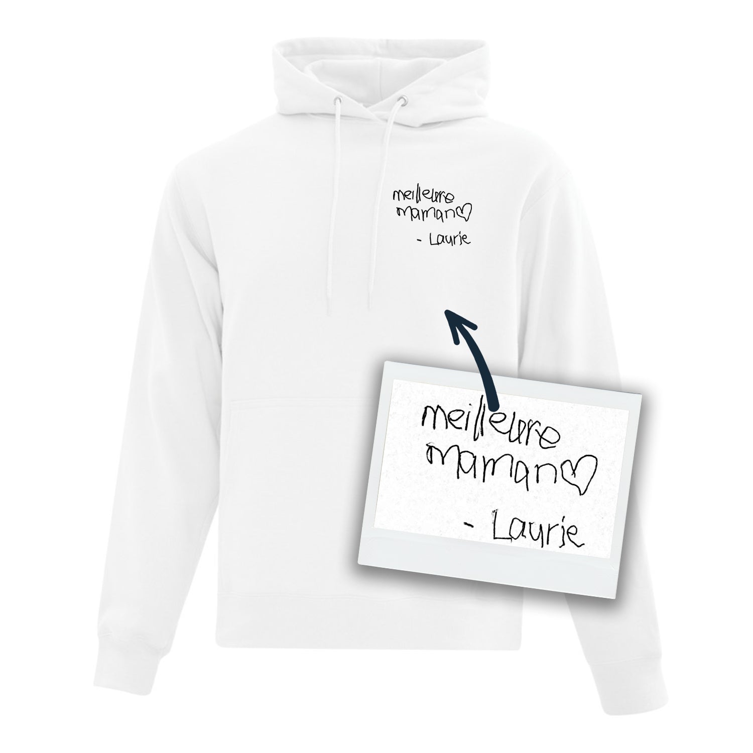 coton ouaté à capuchon blanc personnalisable avec une broderie au coeur en noir d'un message écrit à la main par un proche