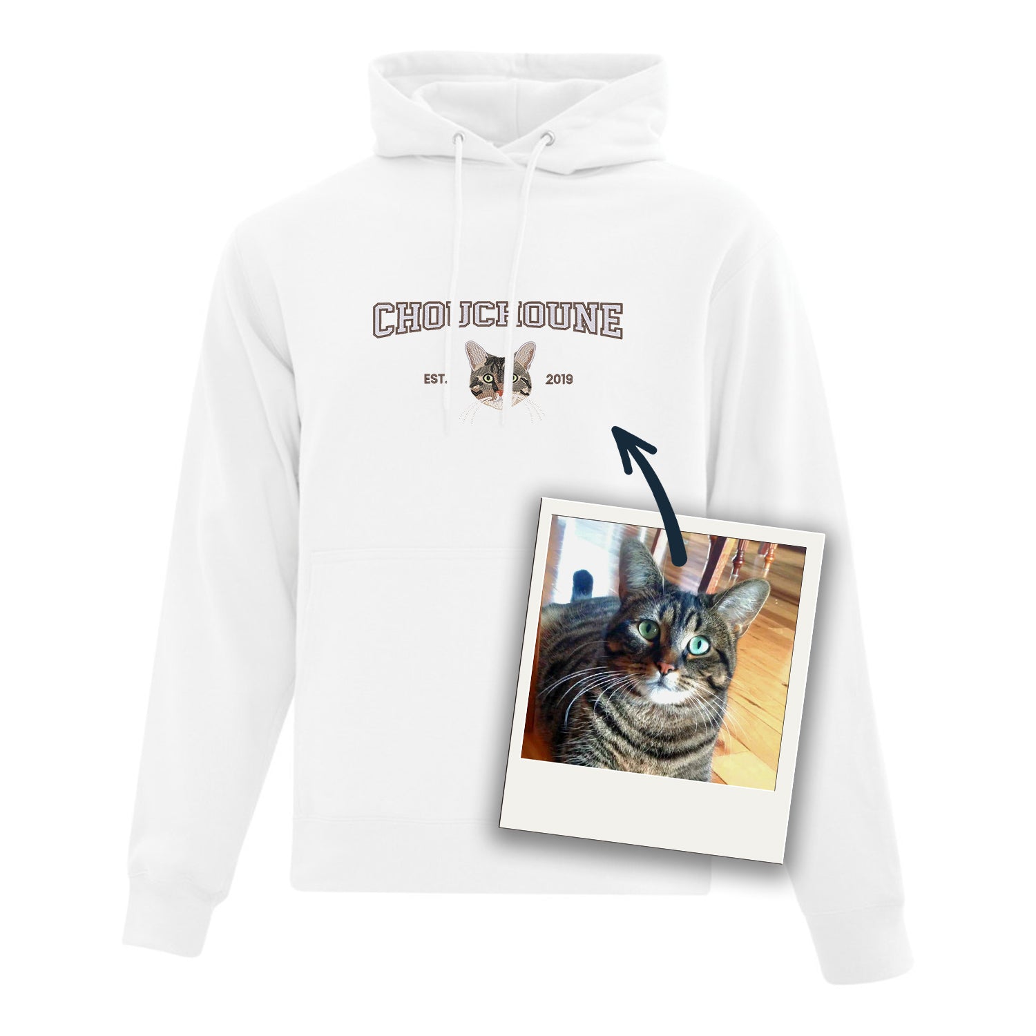 coton ouaté à capuchon blanc avec broderie personnalisée d'un portrait de chat avec son nom et année de naissance