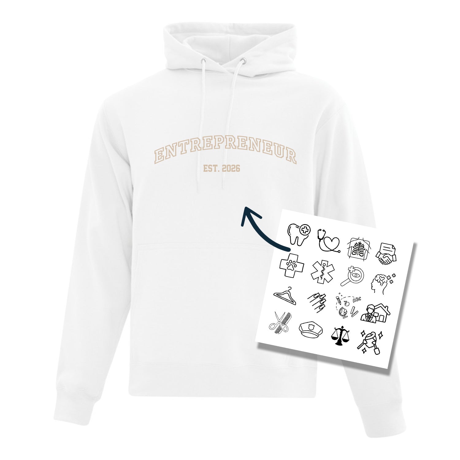 coton ouaté à capuchon blanc avec broderie personnalisable selon le métier. Lettres universitaires avec année de graduation