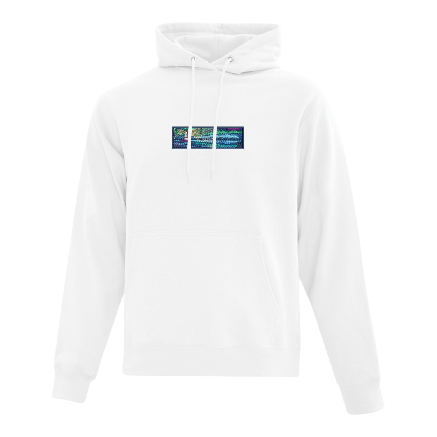coton ouaté à capuchon blanc avec une broderie détaillée d'un phare sur le bord de la mer pendant la nuit
