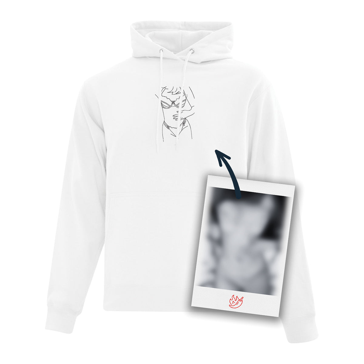 coton ouaté à capuchon blanc avec cordon et une broderie noire minimaliste d'une silhouette faite à partir d'une photo coquine