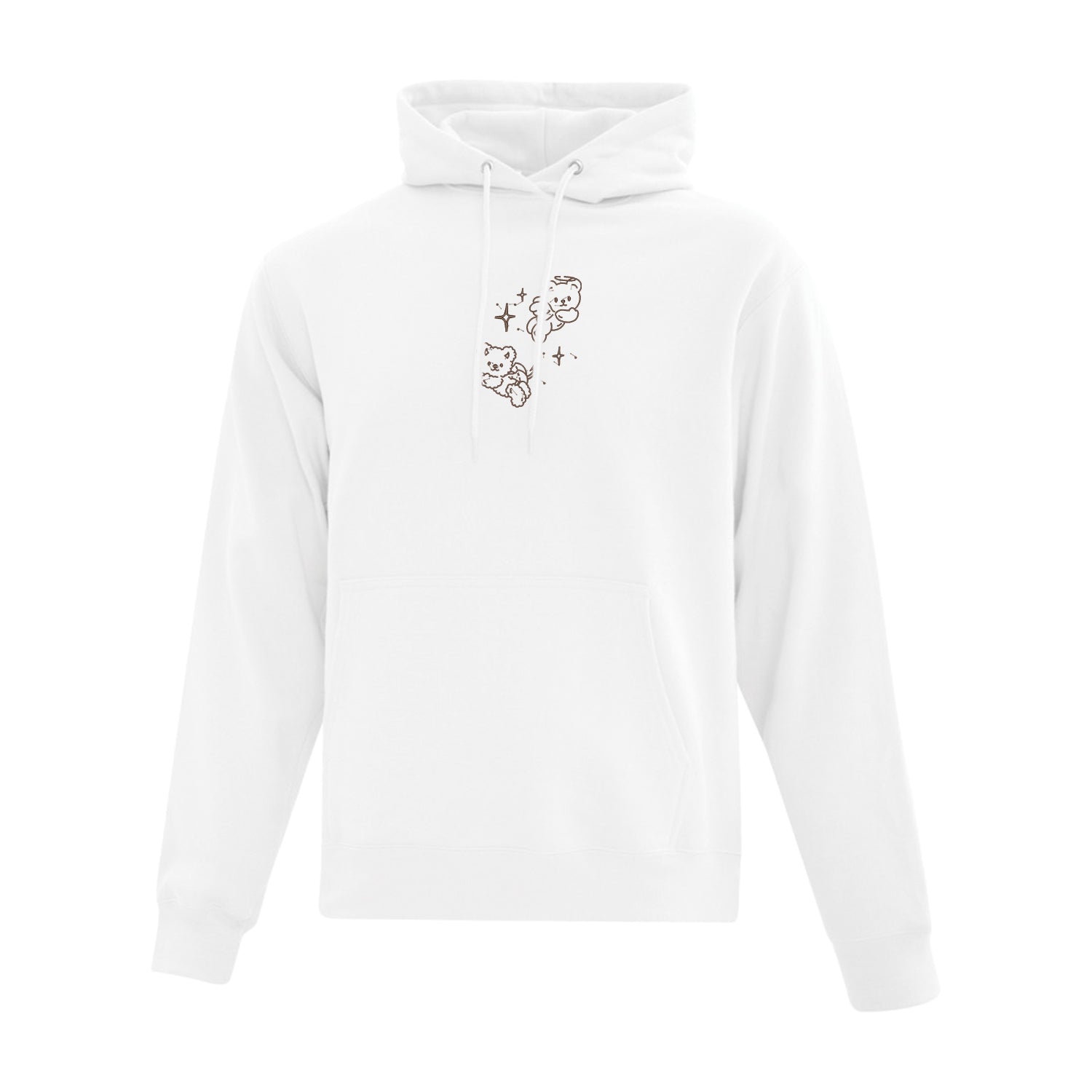 coton ouaté à capuchon blanc avec broderie d'oursons ange et démon brune avec des petites étoiles