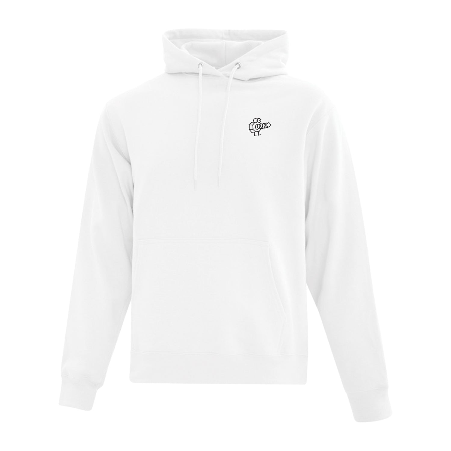coton ouaté à capuchon blanc avec une broderie d'une vis avec des yeux brodé à gauche en noir