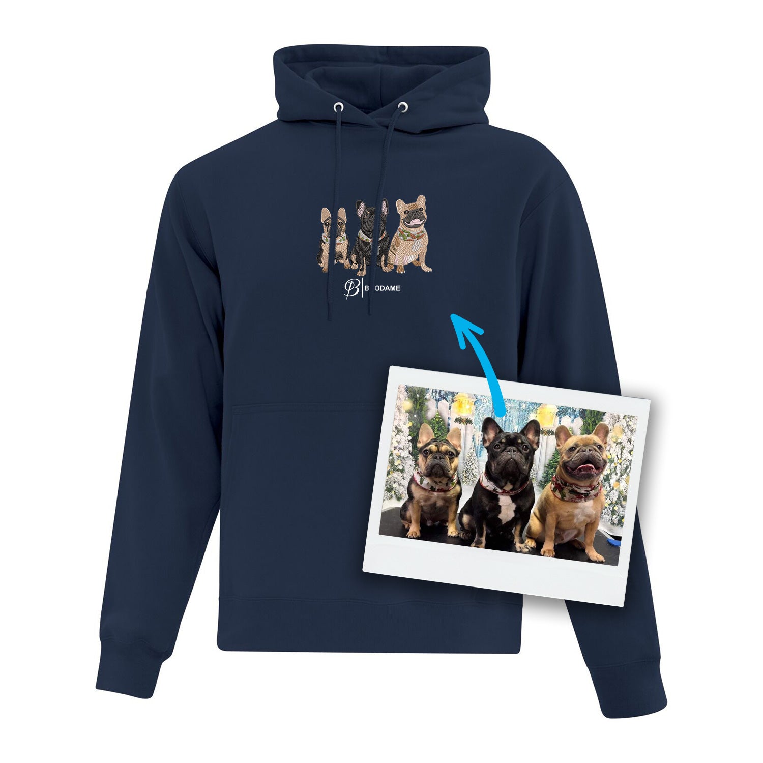 hoodie bleu marin personnalisé avec trois chiens brodés de façon réaliste à partir d'une photo accompagné du logo brodame en dessous en blanc