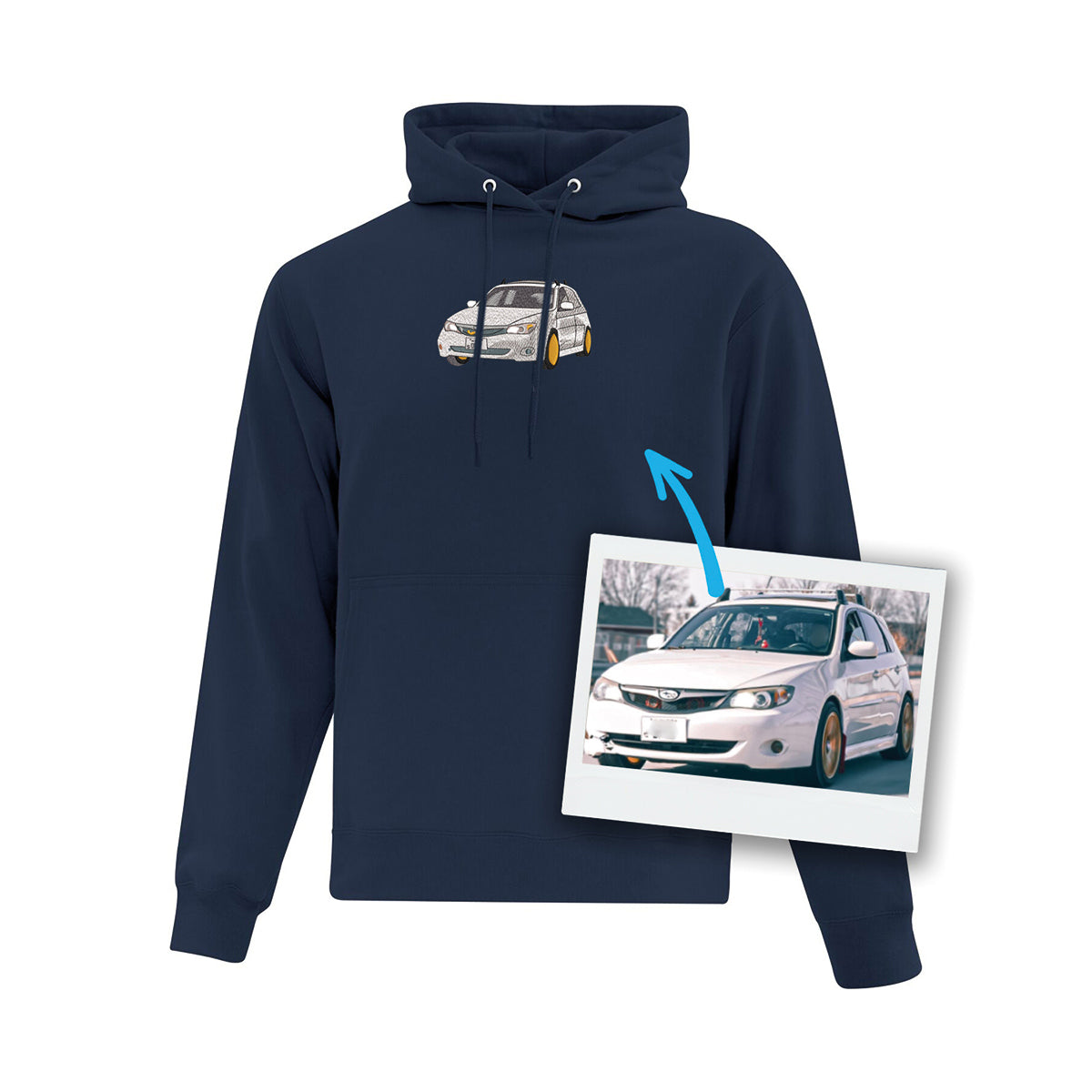 coton ouaté à capuchon bleu marin avec broderie d'une voiture faite à partir d'une photo