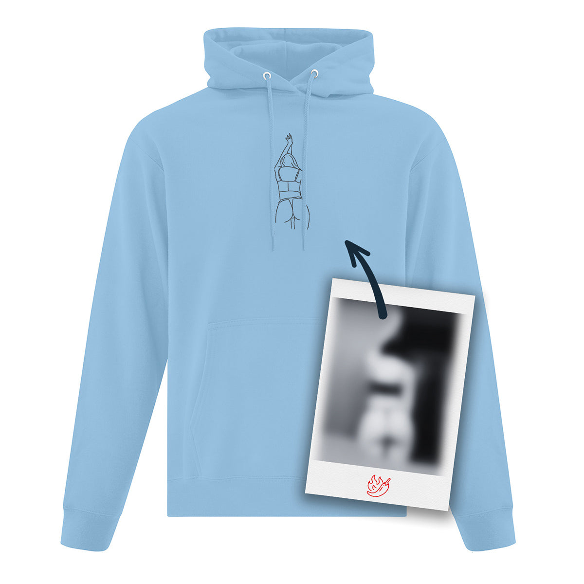 coton ouaté à capuchon bleu pâle avec cordon et une broderie noire minimaliste d'une silhouette faite à partir d'une photo coquine