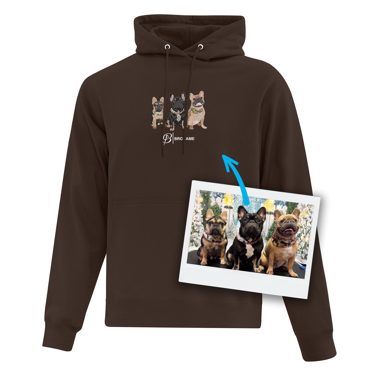 hoodie brun personnalisé avec trois chiens brodés de façon réaliste à partir d'une photo accompagné du logo brodame en dessous en blanc