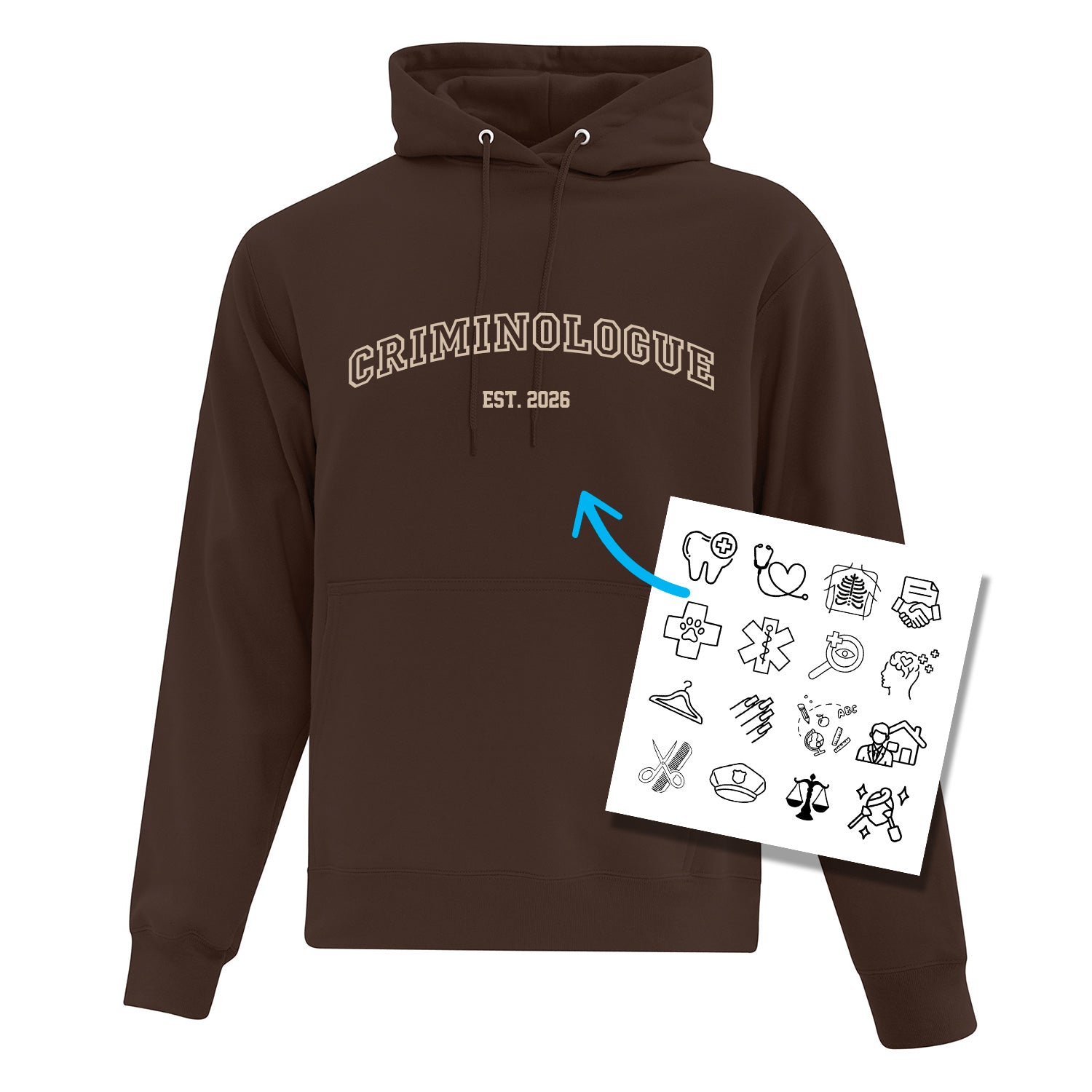 coton ouaté à capuchon brun avec broderie personnalisable selon le métier. Lettres universitaires avec année de graduation