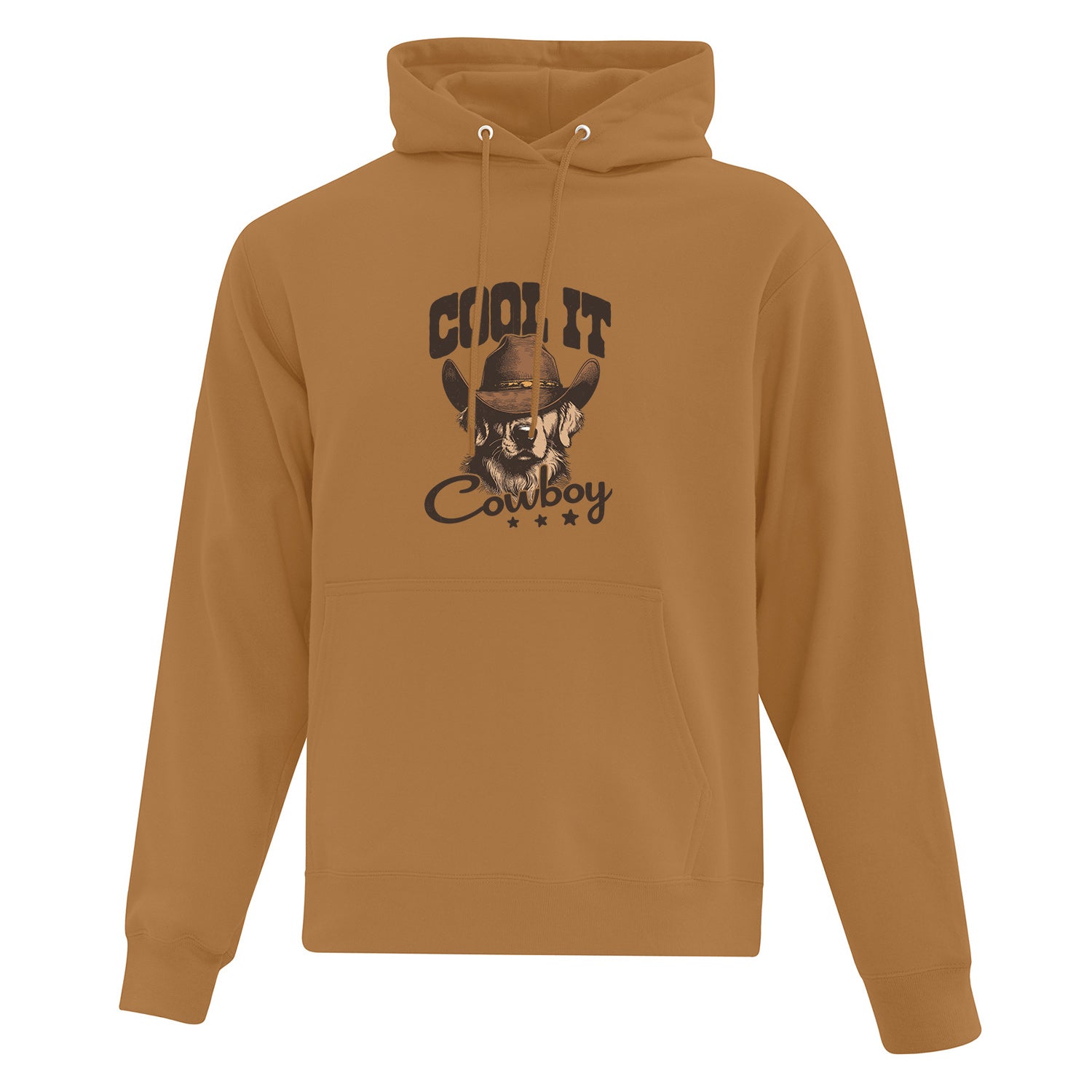 visuel d'un hoodie caramel avec une impression de golden retriever portant un chapeau de cowboy avec le texte "cool it cowboy" autour de lui