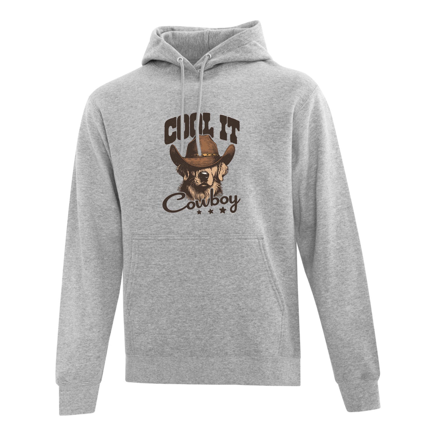 visuel d'un hoodie gris pâle avec une impression de golden retriever portant un chapeau de cowboy avec le texte "cool it cowboy" autour de lui