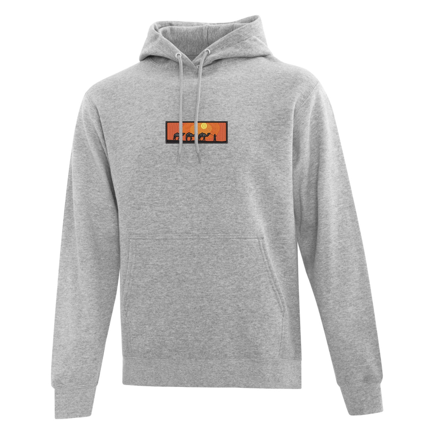coton ouaté à capuchon gris pâle avec une broderie d'un décor du désert au coucher de soleil avec des chameaux