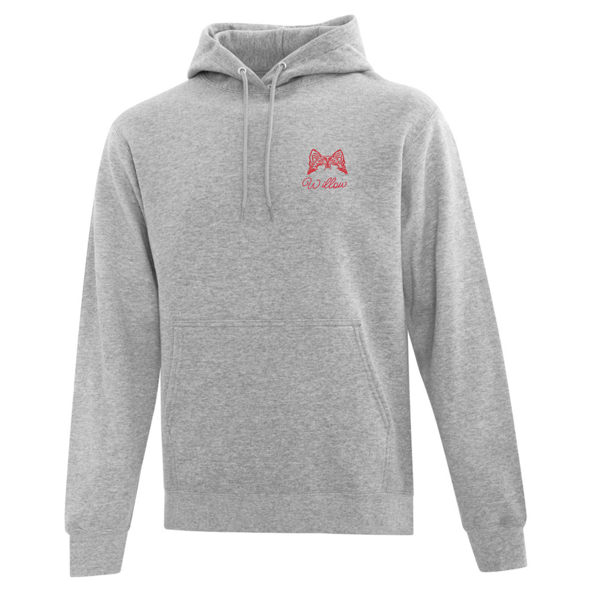 coton ouaté à capuchon gris pâle avec broderie minimaliste gauche d'oreilles de chien avec son nom en dessous en rouge