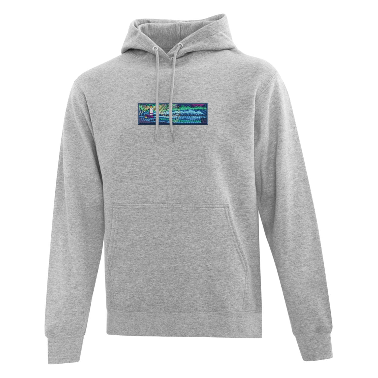coton ouaté à capuchon gris pâle avec une broderie détaillée d'un phare sur le bord de la mer pendant la nuit