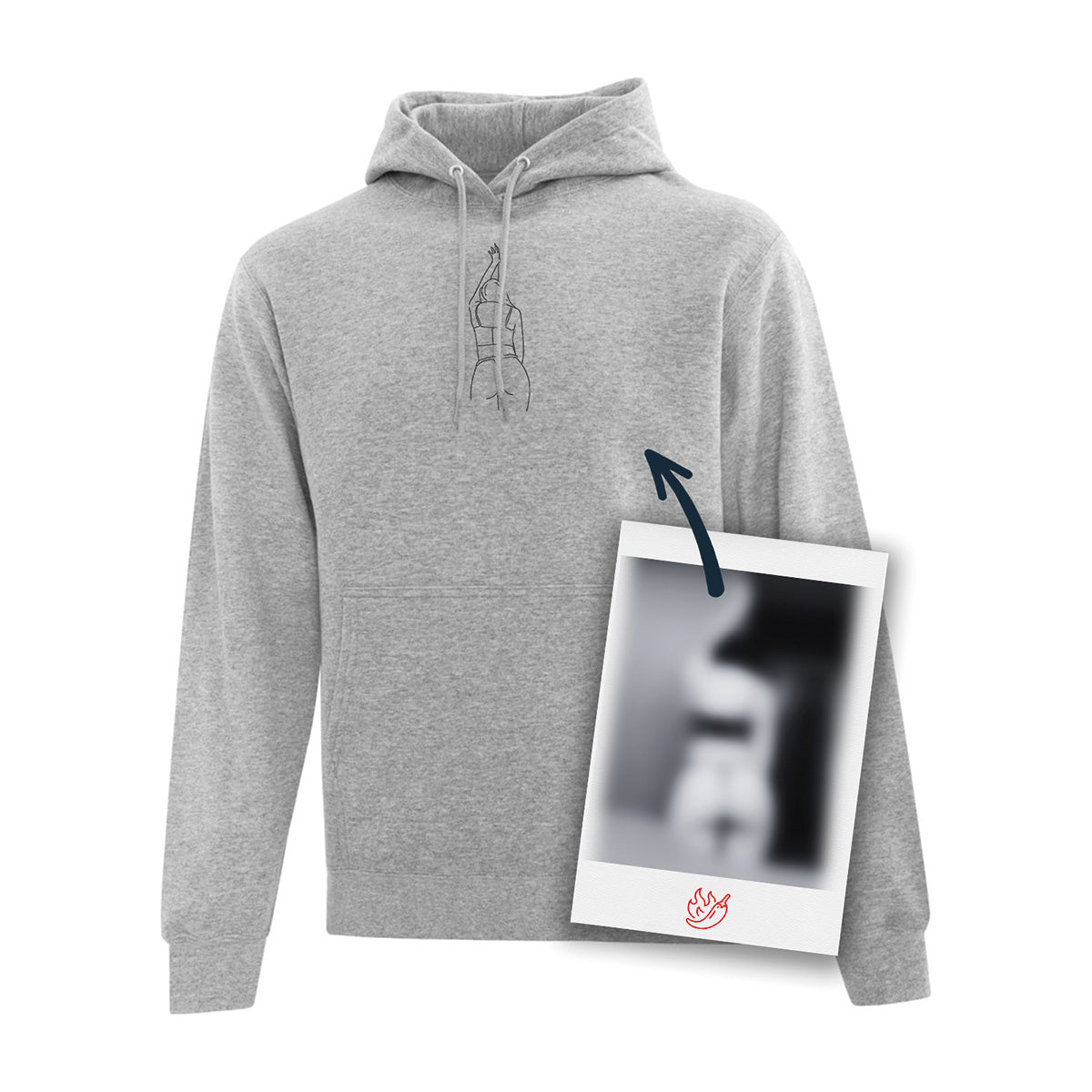 coton ouaté à capuchon gris pâle avec cordon et une broderie noire minimaliste d'une silhouette faite à partir d'une photo coquine