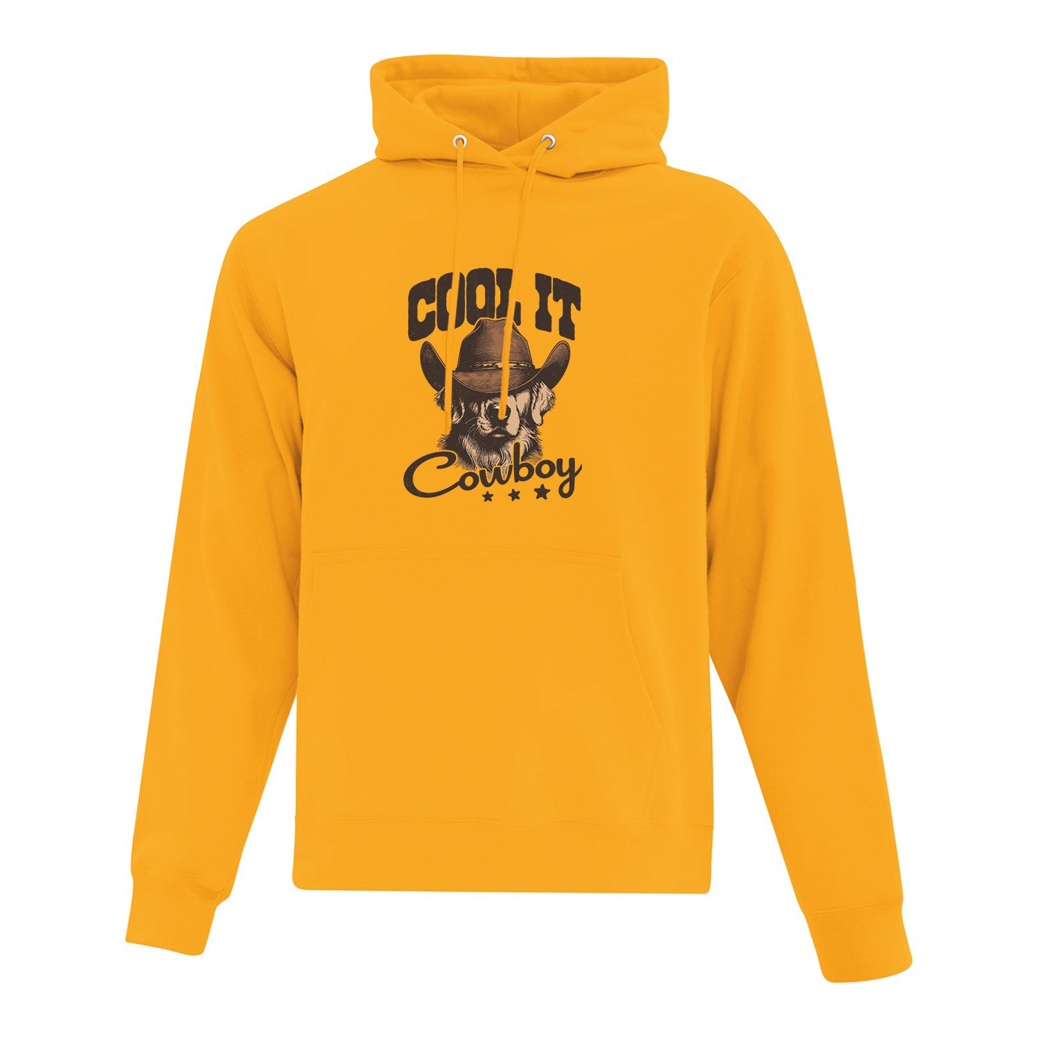 visuel d'un hoodie jaune moutarde avec une impression de golden retriever portant un chapeau de cowboy avec le texte "cool it cowboy" autour de lui