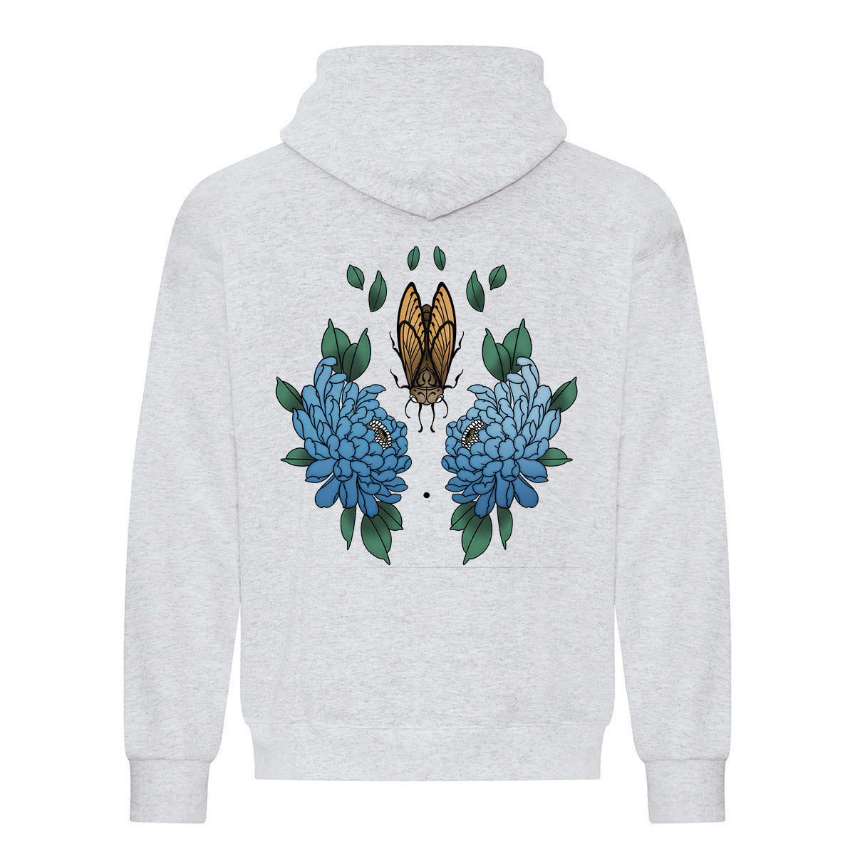 coton ouaté à capuchon gris cendré avec imprimé de fleurs et insecte botanique dans le dos en gros