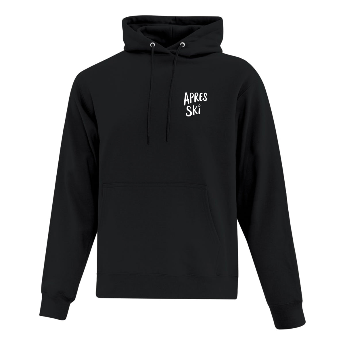 coton ouaté à capuchon noir avec des illustrations sous le thème du ski et de l'hiver imprimé en blanc