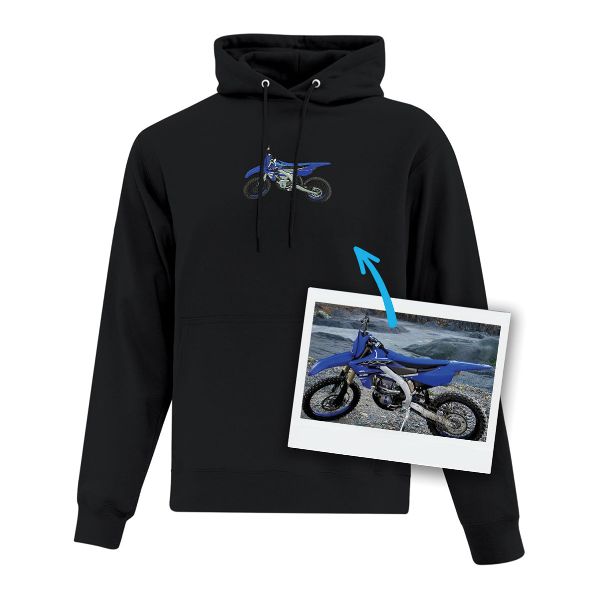 coton ouaté à capuchon noir avec broderie d'un motocross faite à partir d'une photo